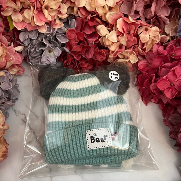 Infant Baby Mint Green Striped Winter Hat & Ring Scarf Set - Picture 15 of 15